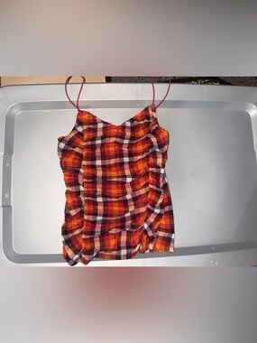 Plaid Ruched Cami Tank Top — Red and Orange Check